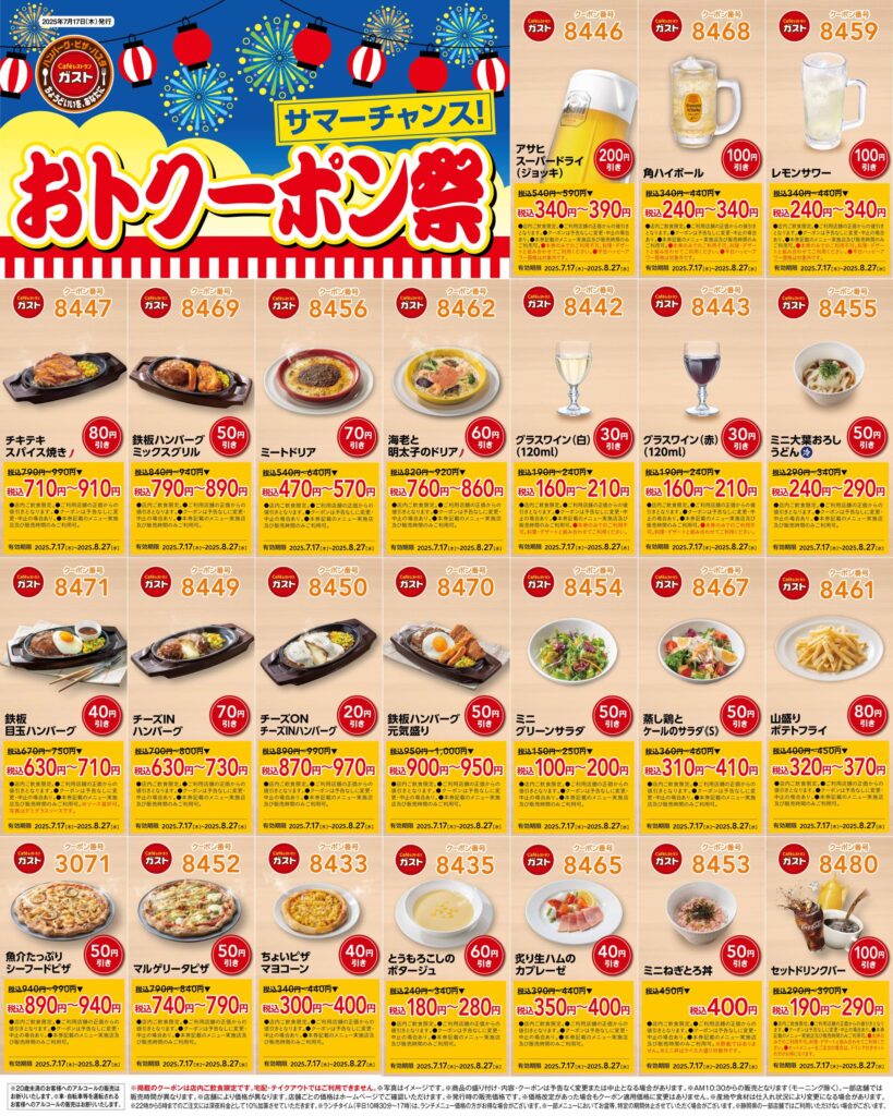 ガストクーポンまとめ　（２０２５年８月２７日前後まで）